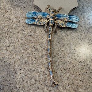 Roman Jewelry, Blue Enamel and Aqua Rhinestone Dragon Fly Brooch